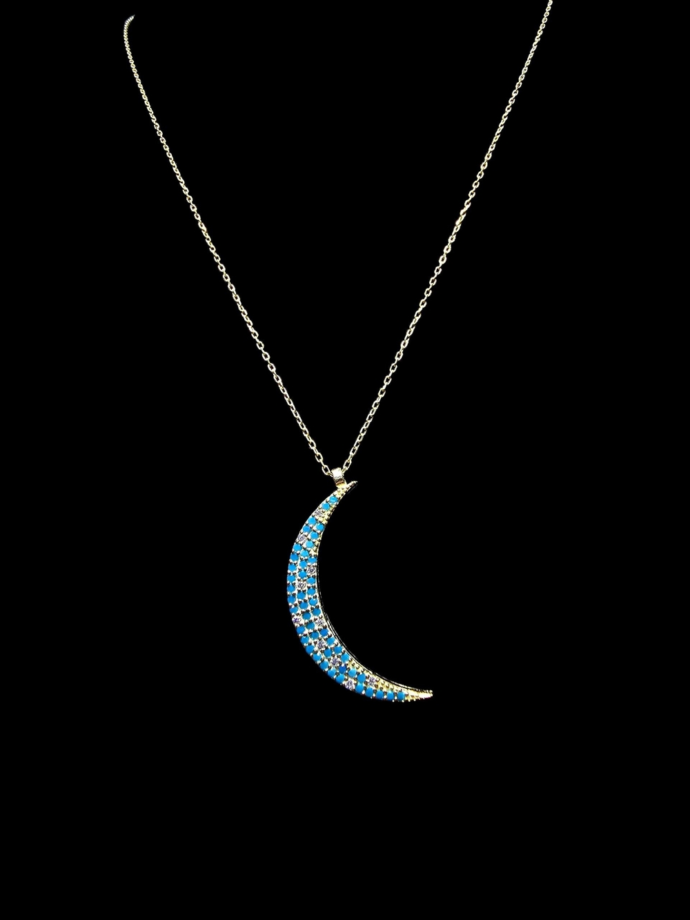 925 Sterling Silver Gold Plated Turquoise CZ Crescent Moon Necklace 16-18"